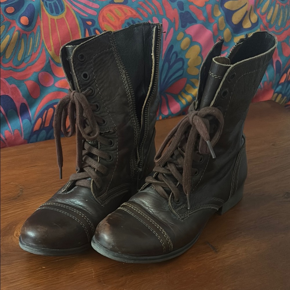 Steve Madden Brown Combat Lace-Up Leather Boots Size 7